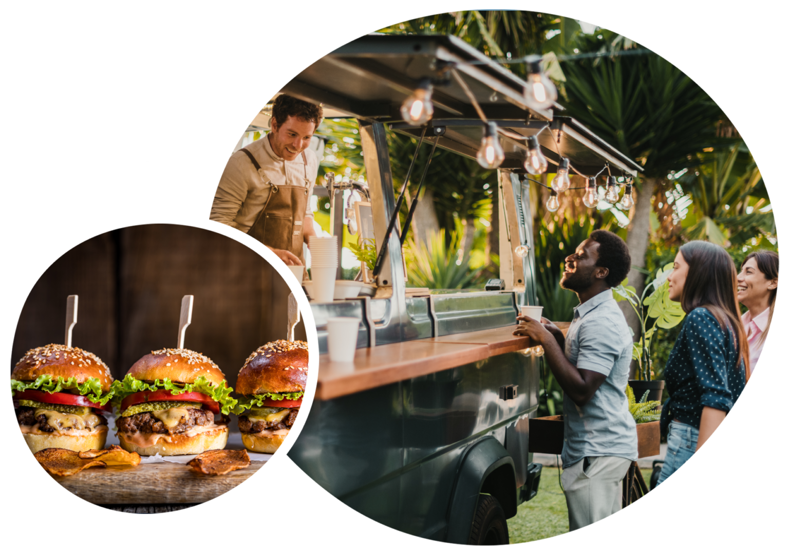 A man standing next to a grill with two burgers on it.